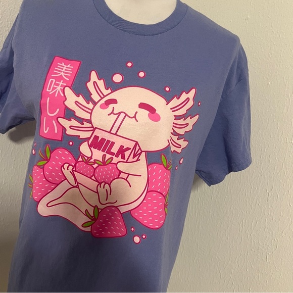Hot Topic Women’s Medium Manga Anime Axolotl Strawberry Milk Carton T-Shirt EUC - Picture 2 of 4